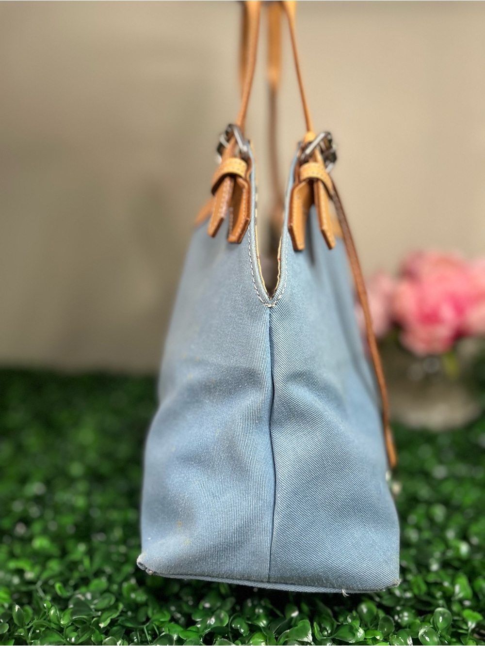 Burberry Blue Label Sky Blue Canvas Shoulder Tote Bag Nova Check Lining - Picture 4 of 13